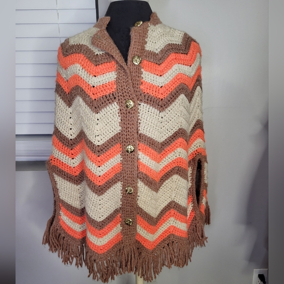 Vintage Sweaters - Vintage 1970s Chevron Knit Poncho